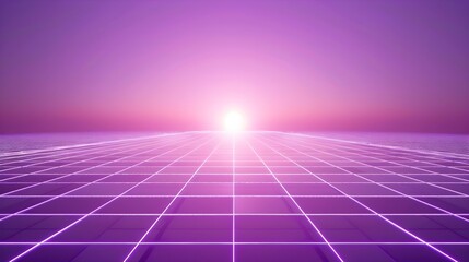 Wall Mural - Neon wireframe horizon background The light purple square floor glows