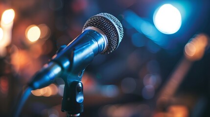 Closeup of a microphone on stage with colorful blurred background lights.