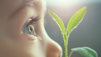 Wall Mural - A young child is looking at a leafy plant