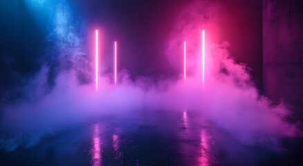 Wall Mural - neon lights & fog in dark room background