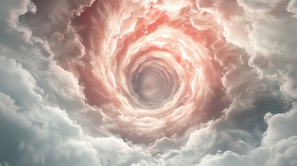 A swirling cloud of pink and white clouds with a hole in the middle