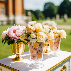 Wall Mural - Ice cream desserts buffet table, event food catering for wedding, party and holiday celebration, ice creams and flowers decor in a floral countryside garden, post-processed, generative ai