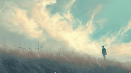 Wall Mural - A man is standing in a field of tall grass