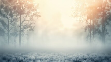 Wall Mural - A forest with foggy trees and a sky with a sun