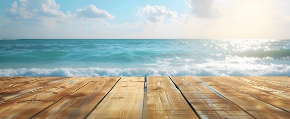 Poster - Wooden Tabletop with Ocean Beach Background