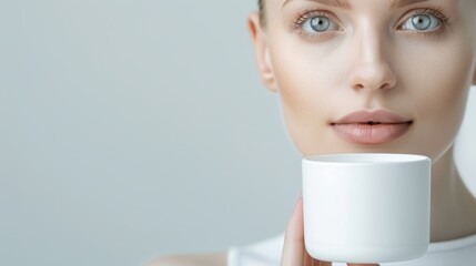 A woman is holding a white cup in her hand