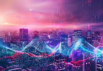 Wall Mural - Futuristic Cityscape with Digital Waves and Data Streams