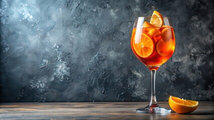 Wall Mural - Alcoholic Aperol Spritz cocktail in glass with orange slice on background, Aperol, Spritz, Cocktail, Alcoholic, Drink, Glass