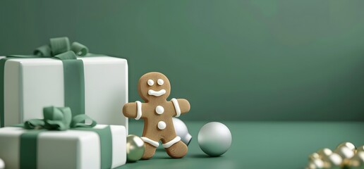 Poster - Green Gift Boxes with Gingerbread Man 3D Render