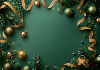 Sticker - Green Christmas Background with Gold Ribbons and Ornaments