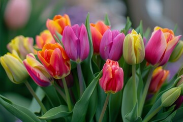 Wall Mural - Beautiful bouquet of colorful tulips blooming in a garden in spring