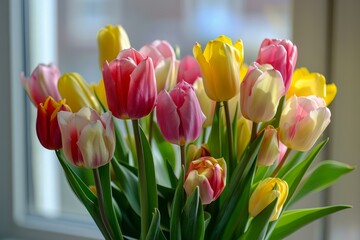 Wall Mural - Vibrant bouquet of yellow and pink tulips standing in a vase by a window