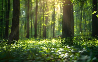 Wall Mural - Sunlight Through Tall Trees in Green Forest