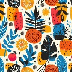 Wall Mural - Summer Fun Textile Pattern Background, Retro Tropical Colorful Wild Floral Wallpaper Art Concept, Abstract Vintage Fabric Design, Cruising Pool Party Backdrop