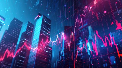Stock and forex trade chart, digits, numbers, bearish and bullish candles. City downtown financial skyscraper background