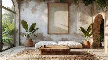 Wall Mural - Home interior simulation, comfortable modern room with natural wooden furniture, 3d rendering