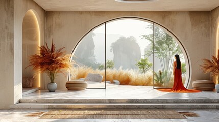 Wall Mural - Home interior simulation, comfortable modern room with natural wooden furniture, 3d rendering