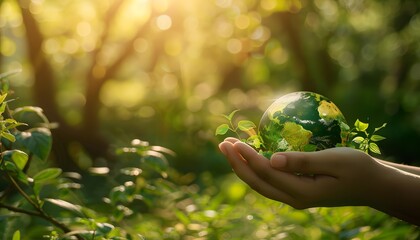 Hands Holding Green Earth with Eco Icons