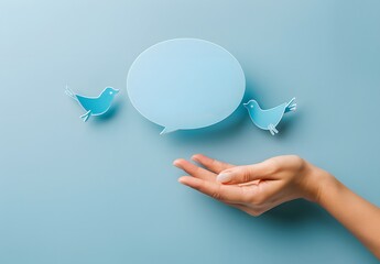 Wall Mural - Hand Holding Speech Bubble with Blue Birds