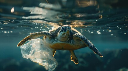 A sea turtle mistaking a floating plastic bag for food underwater.