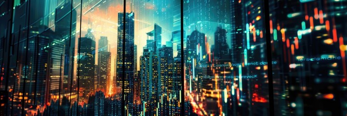 Stock and forex trade chart, digits, numbers, bearish and bullish candles. City downtown financial skyscraper background