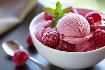 Poster - Raspberry ice cream being served in white bowl with fresh raspberries and mint leaves