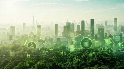 Conceptual image of green energy icons overlaid on a city skyline.