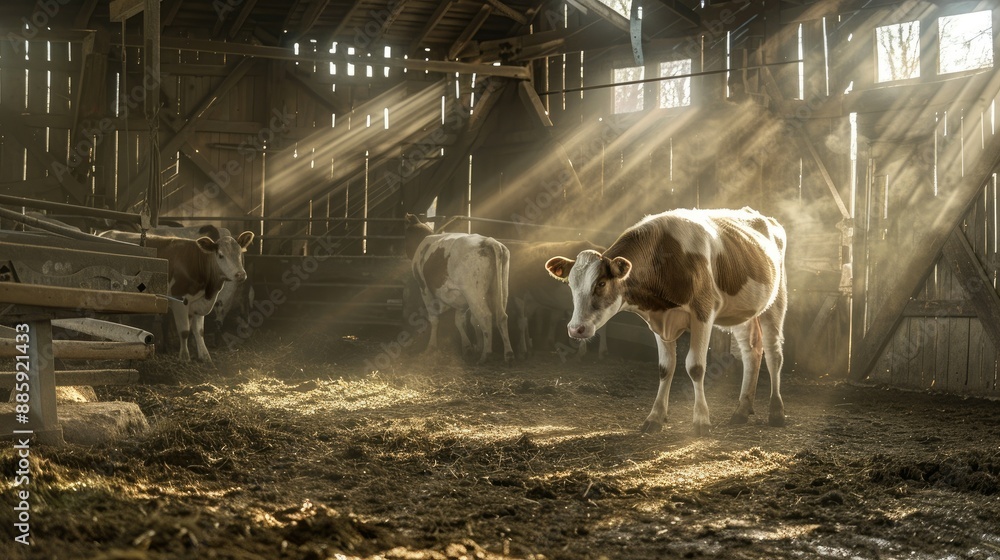 Livestock in a barn, with methane emission indicators showing ...