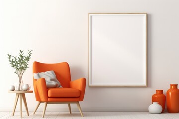 Wall Mural - Modern Orange Armchair with Potted Plant and Blank Picture Frame on White Wall. Minimalist Interior Design