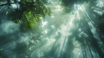 Wall Mural - sunlight through misty rainforest canopy