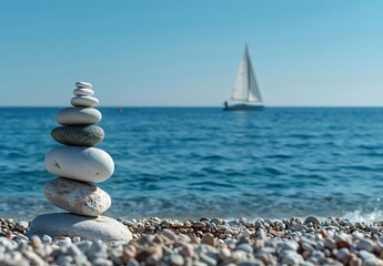 Wall Mural - Balanced Stones on Beach with Sailboat in the Background