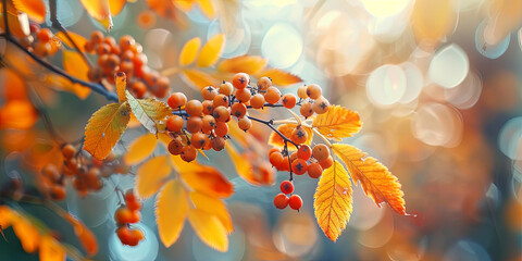 Canvas Print - rowan tree branch with berries and yellow leaves on blurred background, generative AI