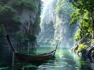 Sticker - Serene Boat on Tranquil Lake Surrounded by Lush Cliffs