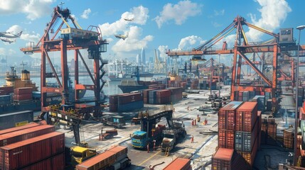 Busy port with cranes loading containers onto a ship, trucks and cargo planes, city skyline in the distance.