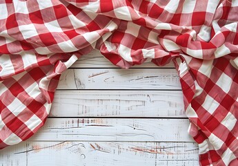 Sticker - Red Gingham Tablecloth on White Wooden Background