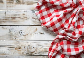 Sticker - Red and White Checkered Tablecloth on Wooden Background