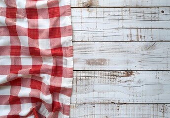 Sticker - Red and White Checkered Tablecloth on White Wooden Background