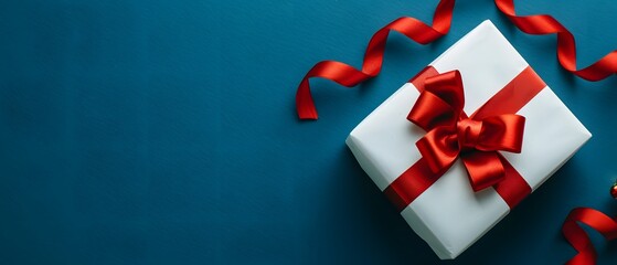 Poster - White Gift Box with Red Ribbon on Blue Background