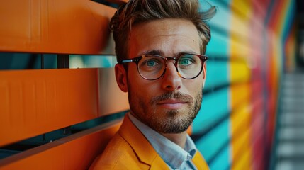 Stylish Man with Glasses Posing Against Colorful Background of Orange and Blue Stripes