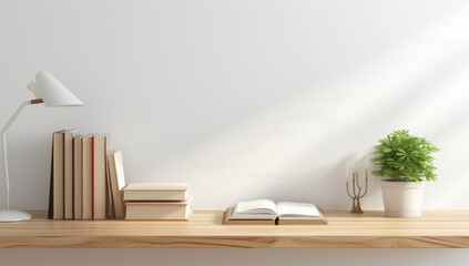 Wall Mural - Wooden Desk With Lamp And Books Against A White Wall