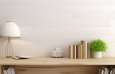 Wall Mural - A Wooden Bookshelf With a White Wall and a Lamp