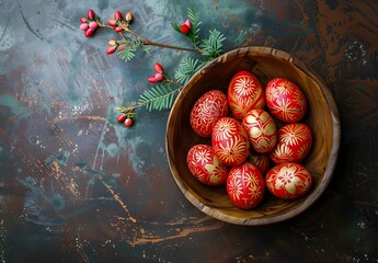 Red Easter Eggs in Wooden Bowl, Traditional Russian Hand Painted Style