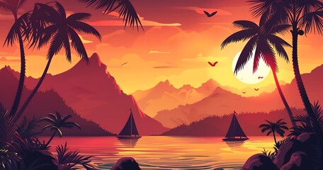 Wall Mural - Sunset over Tropical Paradise with Sailboats