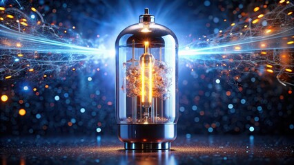 Wall Mural - Scene of a vacuum tube surrounded by particles of light and electrons, vacuum tube, particles, light, electrons