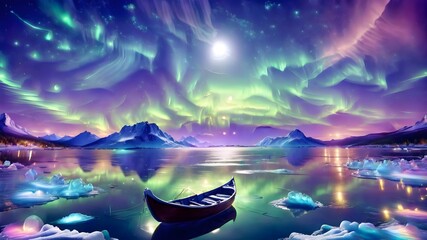 Wall Mural - The background is a clear pond with stars, planets and constellations reflected in it. In the foreground is a small boat with a couple sailing on the pond. The edge of the pond is made of ice 