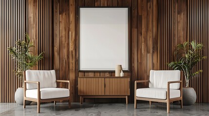 Minimalist living room interior with two armchairs and a wooden cabinet