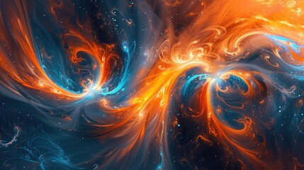 Wall Mural - Dynamic orange and blue swirls converging and diverging in an intricate cosmic ballet, painting a vivid tapestry against the backdrop of space.