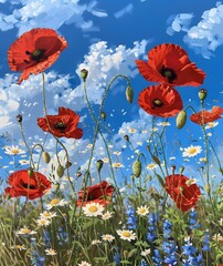 Poster - Impressionist Red Poppies & Daisies Summer