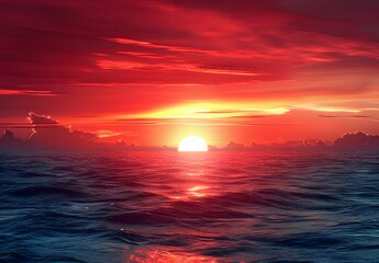 Wall Mural - Dramatic Red Sunset Over Ocean Horizon