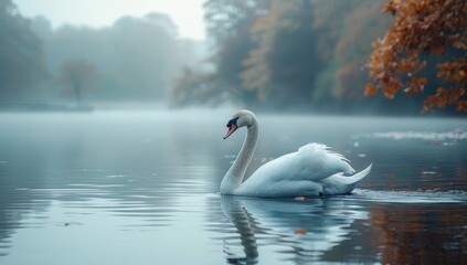 Sticker - Serene Swan on a Misty Lake